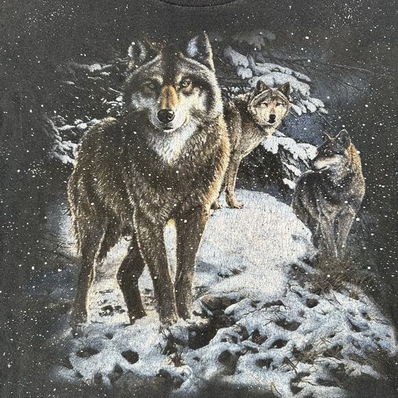 Vtg‎ 90s 3D Emblem Wolf T-Shirt Men’s XL Black AOP Short Sleeve Winter Galaxy - Picture 2 of 16